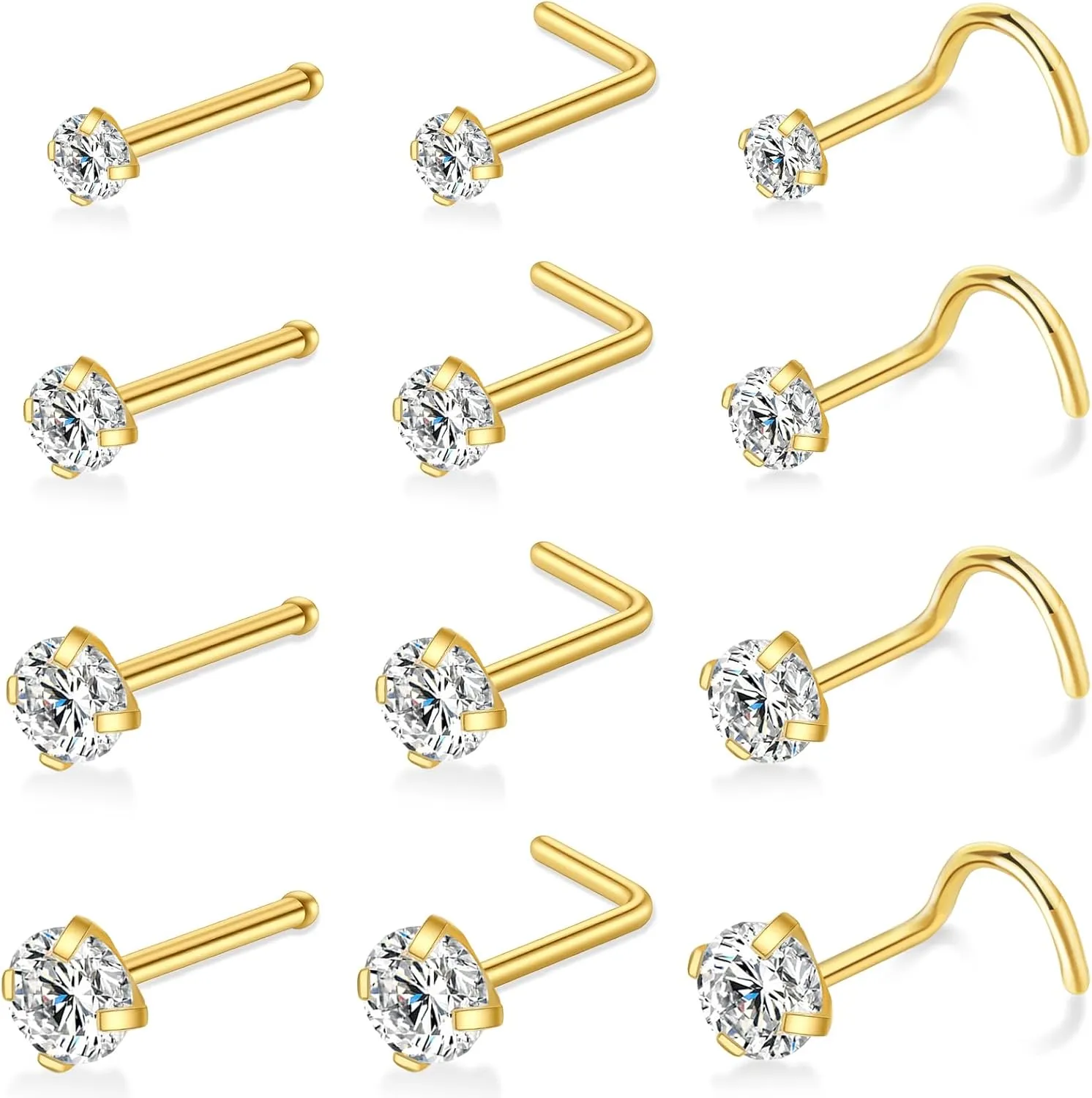 12 Pcs Gold/Silver Surgical Steel Nose Rings Studs Set for Women 20G Nose Piercing Stud 14K Gold Nose Studs Set Jewelry for Women Men Nose Piercings Jewelry Gift Piercing Jewelry