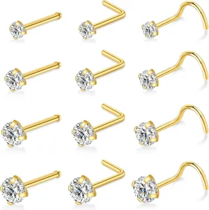 12 Pcs Gold/Silver Surgical Steel Nose Rings Studs Set for Women 20G Nose Piercing Stud 14K Gold Nose Studs Set Jewelry for Women Men Nose Piercings Jewelry Gift Piercing Jewelry