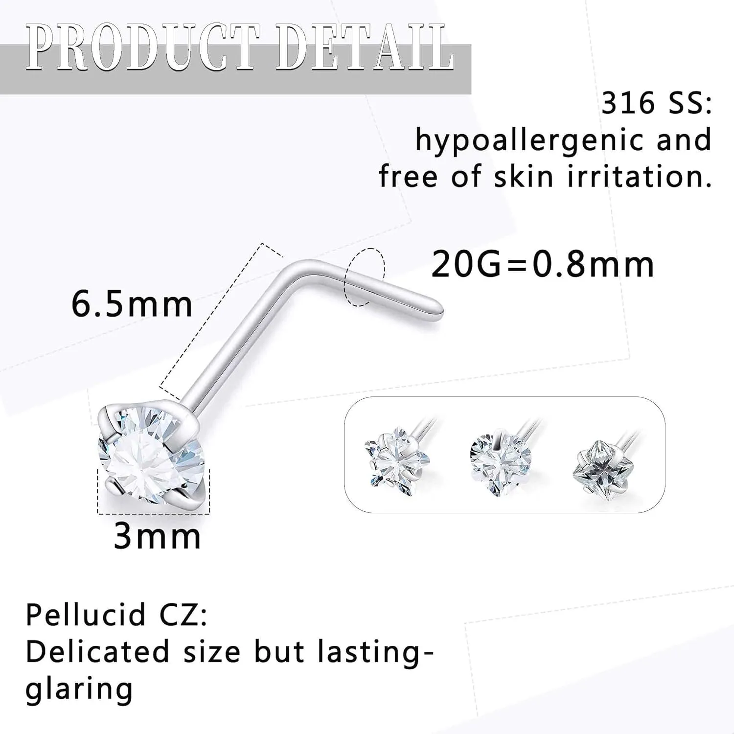18G 20G Nose Rings Studs Piercing Jewelry For Women Men 316L Surgical Steel Round Square Heart Star Cubic Zirconia Nose Rings Studs Nostrial Piercing Jewelry For Women Men Clear Pink CZ 3mm