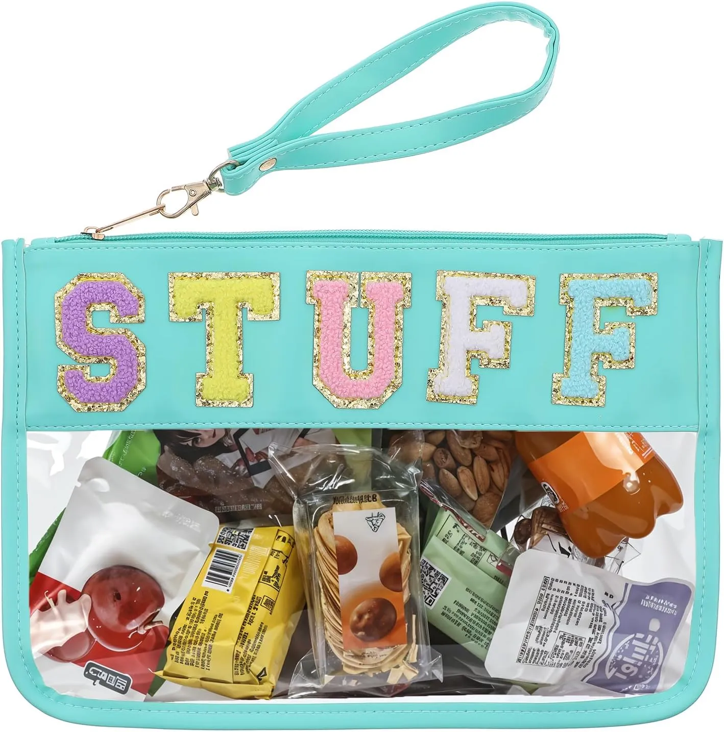 1PCS Clear Makeup Bag for Women with Handle, Zipper Waterproof Chenille Letter Cosmetic Bags, Reusable Travel Toiletry Bag Preppy Patch Pouch, Multi-Purpose Diaper Organizing Pouches - Green