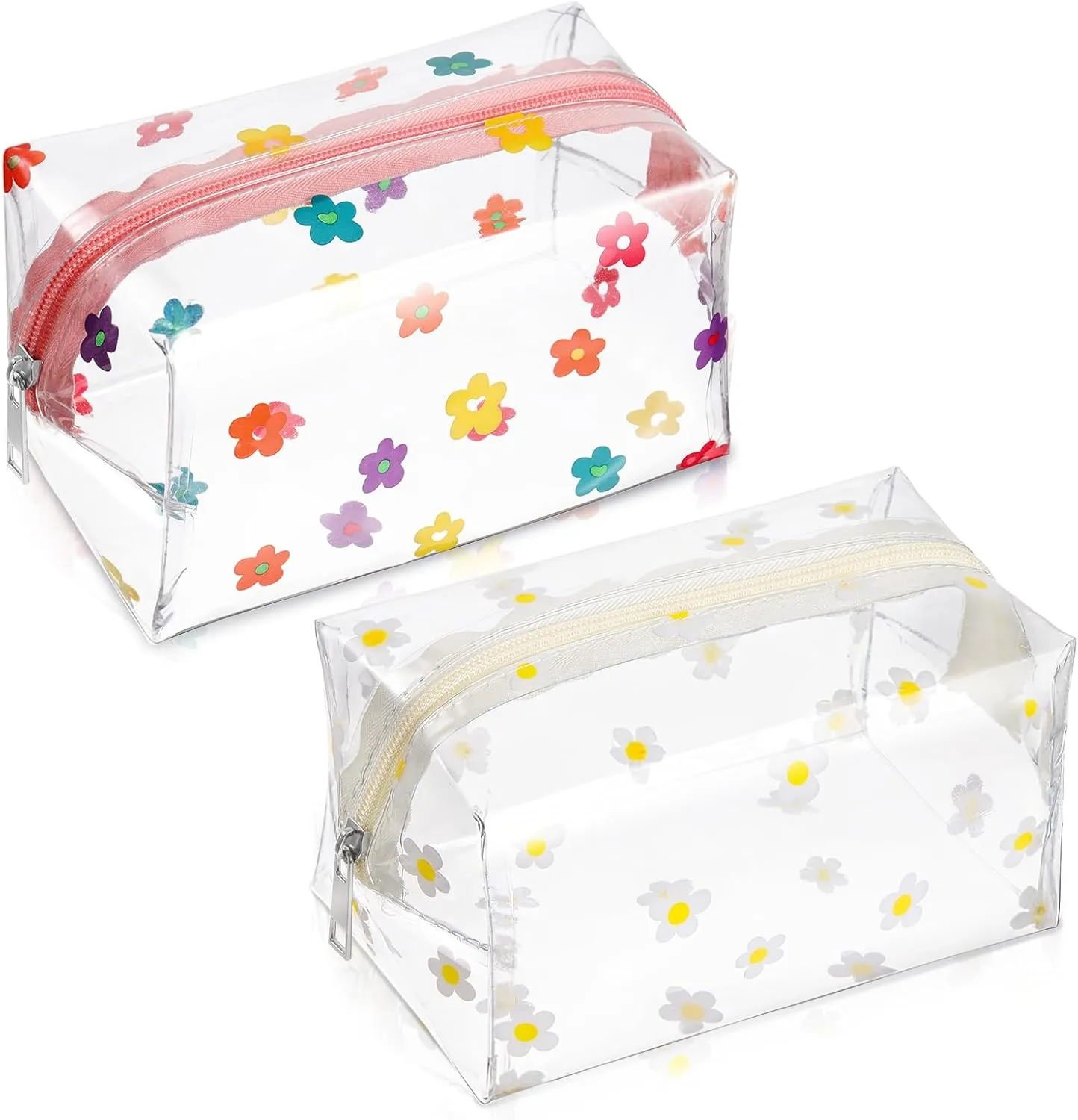 2 Pack Clear Makeup Pouch with Zipper, Clear Floral Cosmetic Bag Portable Waterproof Flower Pouches for Home Storage Organizing Travel Vacation