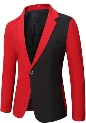 2024 Trendy Blazer for Men Red Black Color Block Casual One Button Suit Jackets Slim Fit Blazer