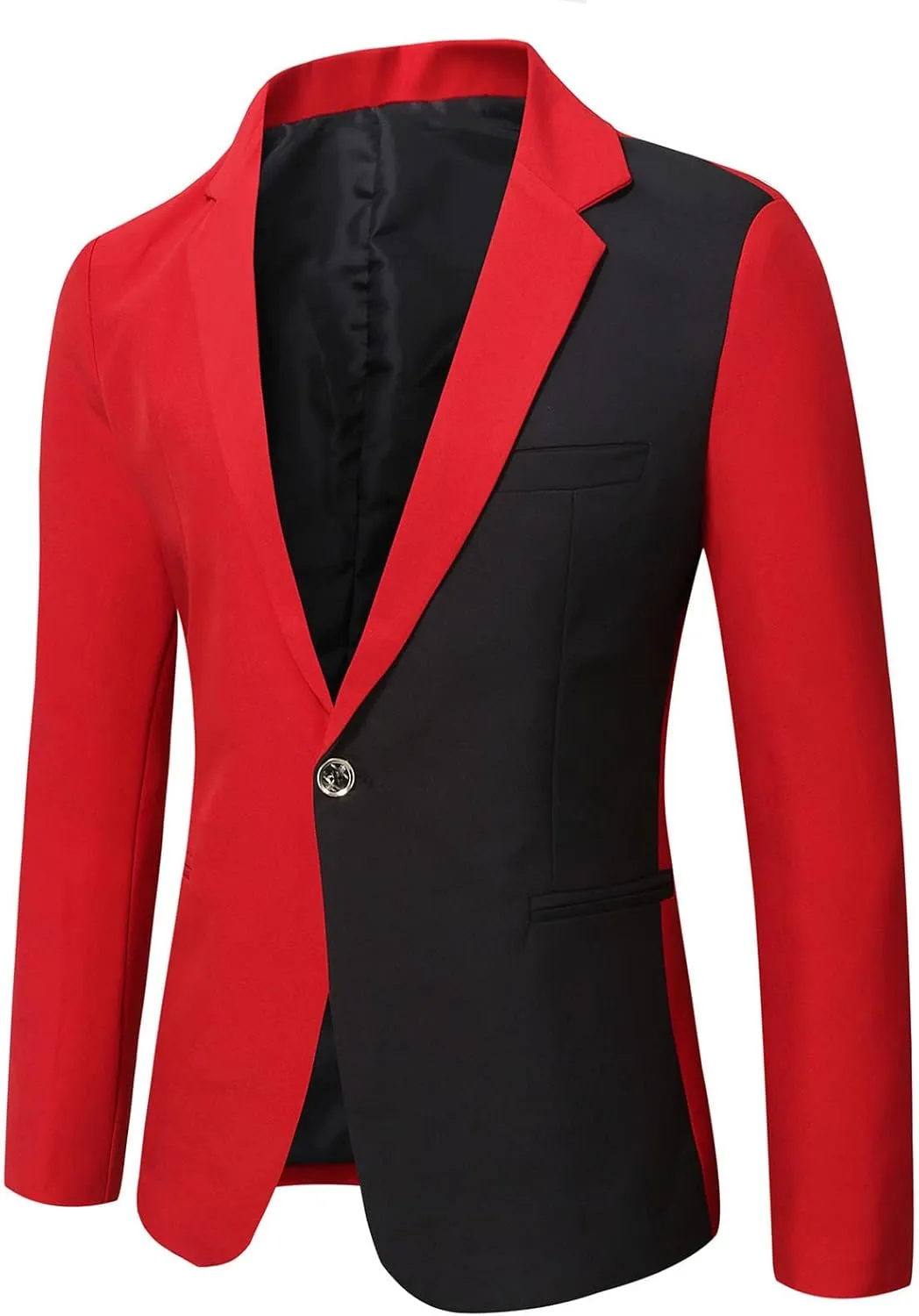 2024 Trendy Blazer for Men Red Black Color Block Casual One Button Suit Jackets Slim Fit Blazer