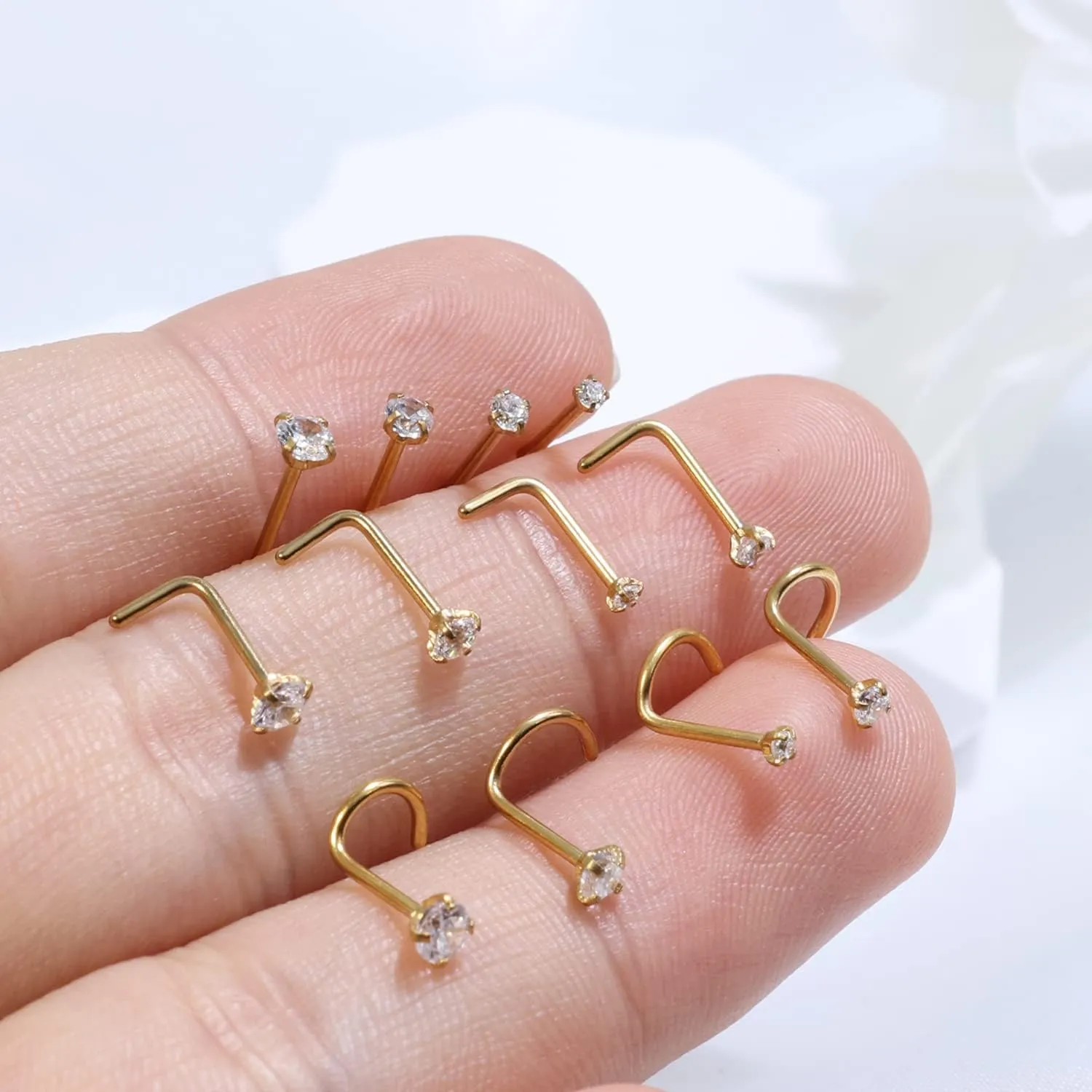 20G Gold Nose Rings Studs: Surgical Steel L Shaped Nose Studs Hypoallergenic Corkscrew Nose Rings Tiny CZ Bone Zircon nose stud set for Women Men (12Pcs)