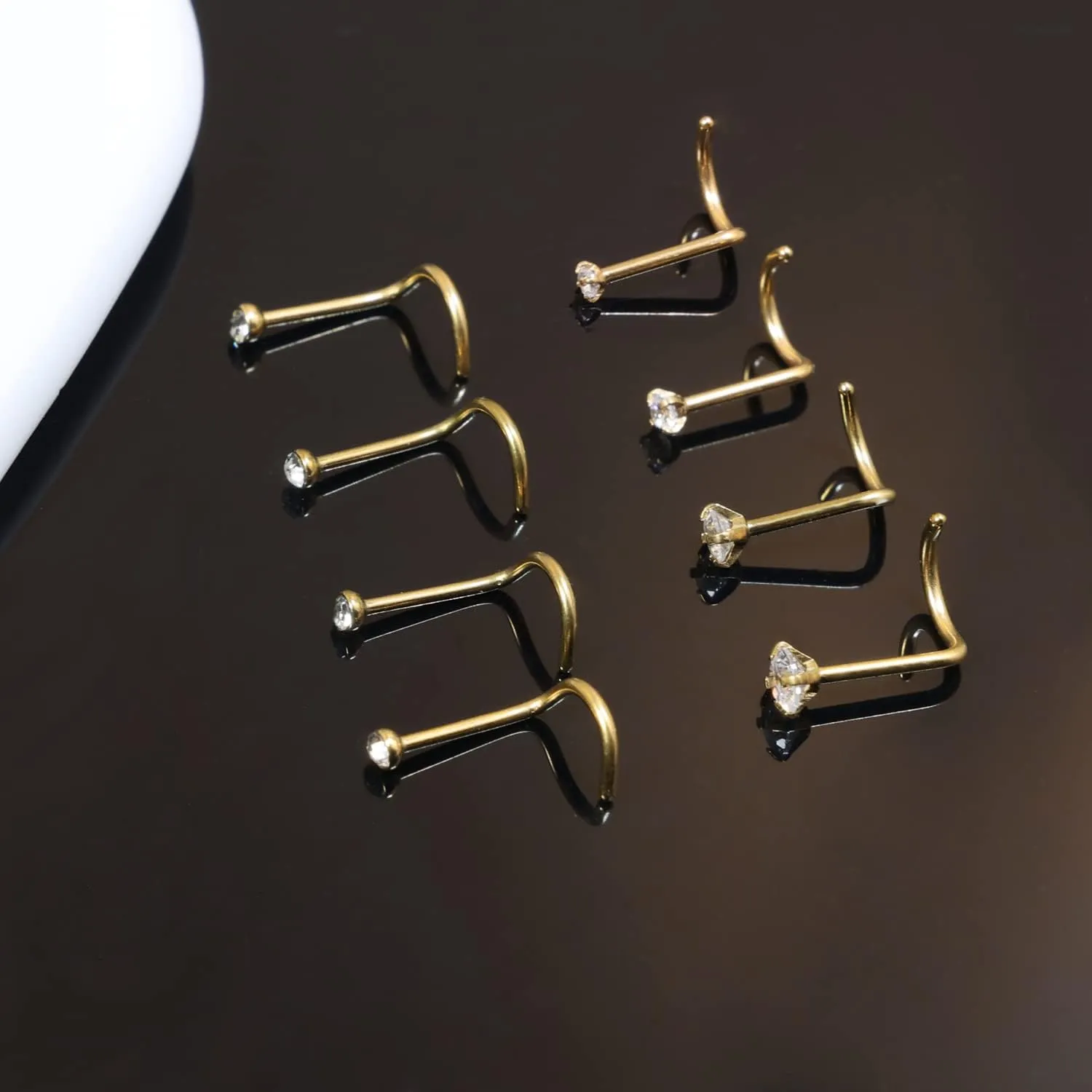 20G Gold Nose Rings Studs: Surgical Steel L Shaped Nose Studs Hypoallergenic Corkscrew Nose Rings Tiny CZ Bone Zircon nose stud set for Women Men (12Pcs)