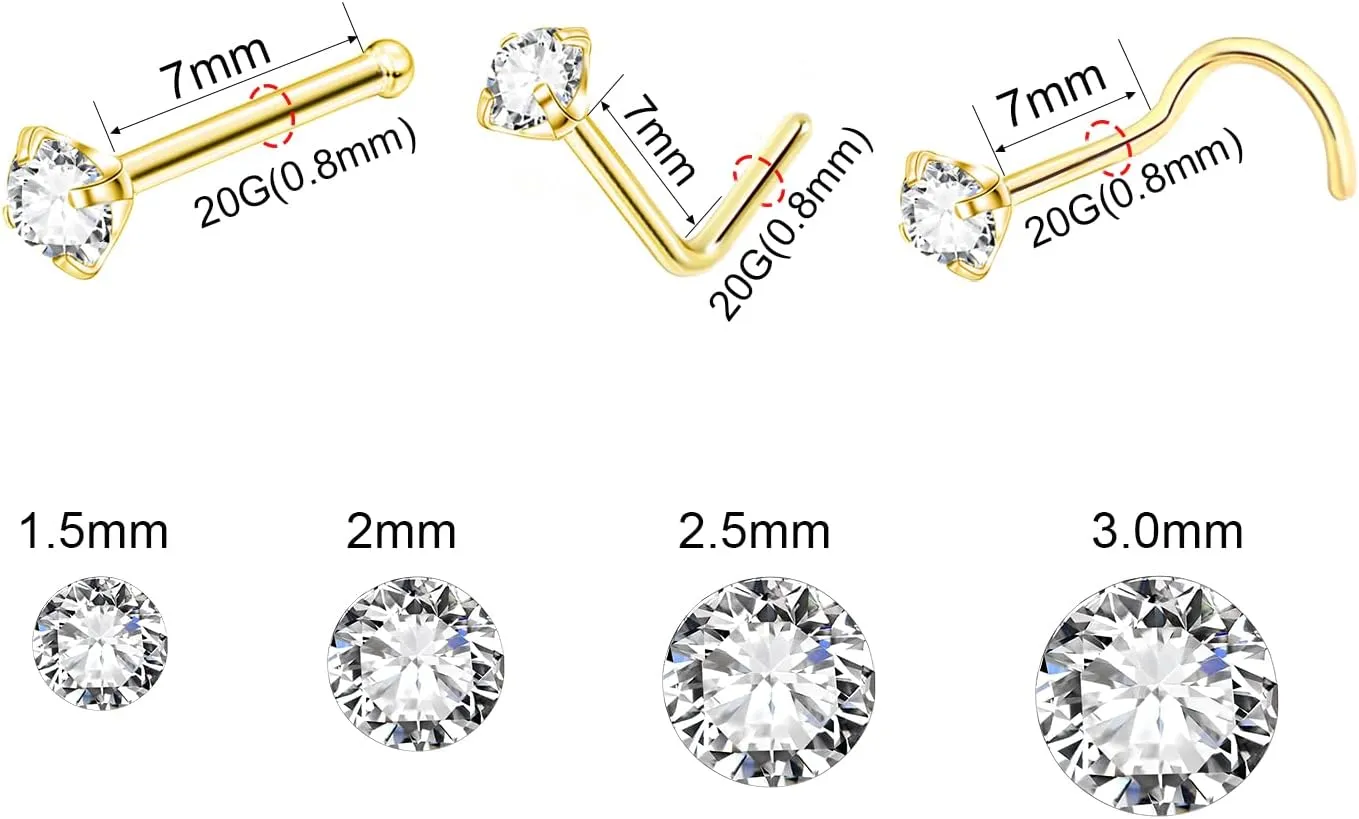 20G Gold Nose Rings Studs: Surgical Steel L Shaped Nose Studs Hypoallergenic Corkscrew Nose Rings Tiny CZ Bone Zircon nose stud set for Women Men (12Pcs)