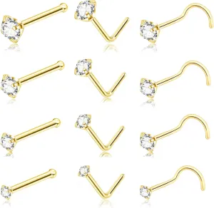 20G Gold Nose Rings Studs: Surgical Steel L Shaped Nose Studs Hypoallergenic Corkscrew Nose Rings Tiny CZ Bone Zircon nose stud set for Women Men (12Pcs)