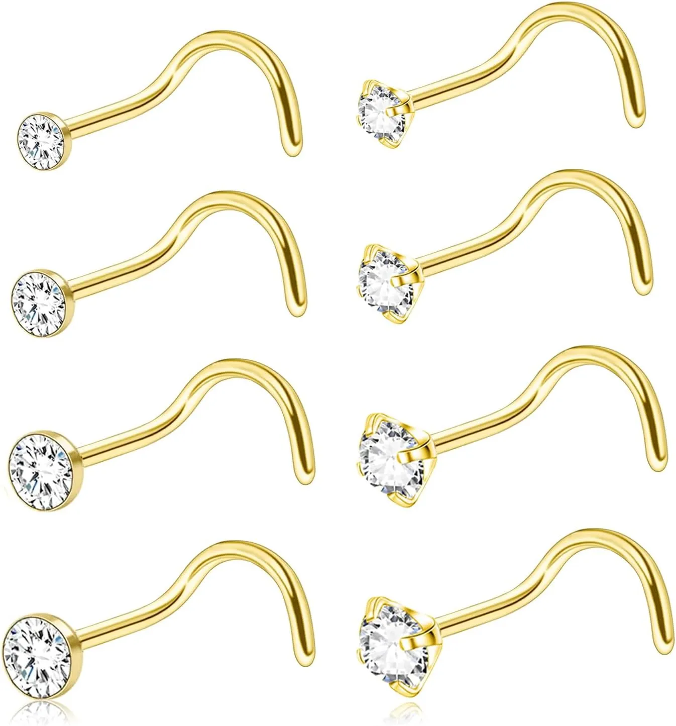 20G Gold Nose Rings Studs: Surgical Steel L Shaped Nose Studs Hypoallergenic Corkscrew Nose Rings Tiny CZ Bone Zircon nose stud set for Women Men (12Pcs)
