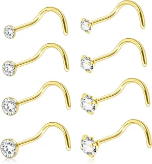 20G Gold Nose Rings Studs: Surgical Steel L Shaped Nose Studs Hypoallergenic Corkscrew Nose Rings Tiny CZ Bone Zircon nose stud set for Women Men (12Pcs)