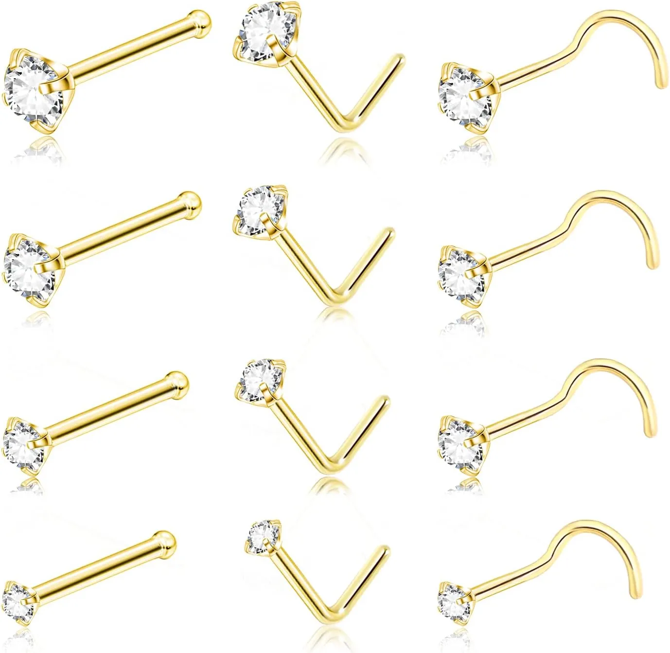20G Gold Nose Rings Studs: Surgical Steel L Shaped Nose Studs Hypoallergenic Corkscrew Nose Rings Tiny CZ Bone Zircon nose stud set for Women Men (12Pcs)