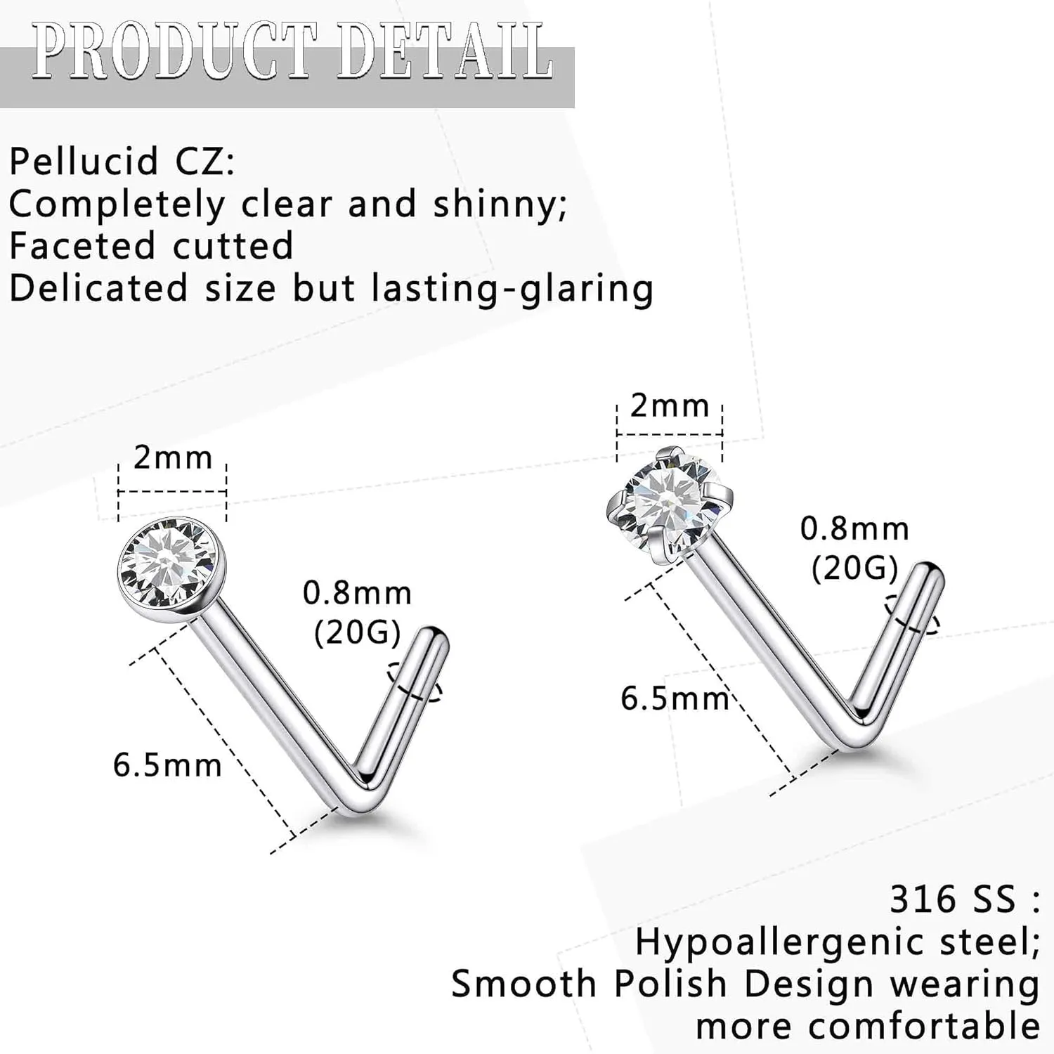 24G 22G 20G 18G Nose Rings Studs Piercing Jewelry For Women Men 316L Stainless Surgical Steel Nose Rings Studs Nostrial Piercing Jewelry for Women Men Diamond CZ 2mm Silver Black Gold