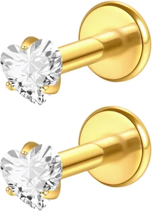 2Pcs 18G 16G G23 Titanium Internally Threaded Nose Stud Earrings Flat Back Heart CZ Nose Helix Cartilage Tragus Conch Labret Medusa Monroe Piercing Jewelry for Women Men