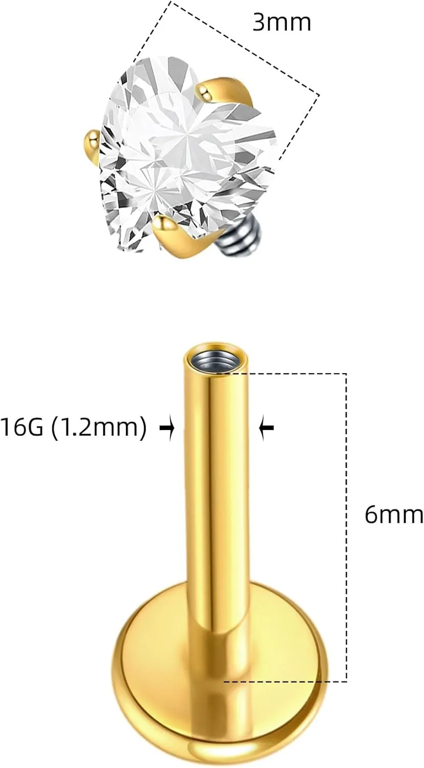 2Pcs 18G 16G G23 Titanium Internally Threaded Nose Stud Earrings Flat Back Heart CZ Nose Helix Cartilage Tragus Conch Labret Medusa Monroe Piercing Jewelry for Women Men