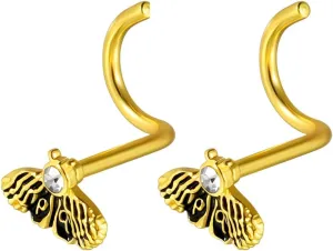 2Pcs 20G Surgical Steel Nose Screw Studs S-Shaped Corkscrew Nose Rings CZ Inlaid Butterfly Bee Nose Studs Rings Nostril Nose Piercing Jewelry for Women