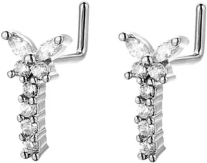 2Pcs L-Shaped Butterfly Nose Rings Studs for Women 20G Cubic Zirconia Surgical Steel Nose Studs Screws Sparkling Nose Nostril Piercing Body Jewelry