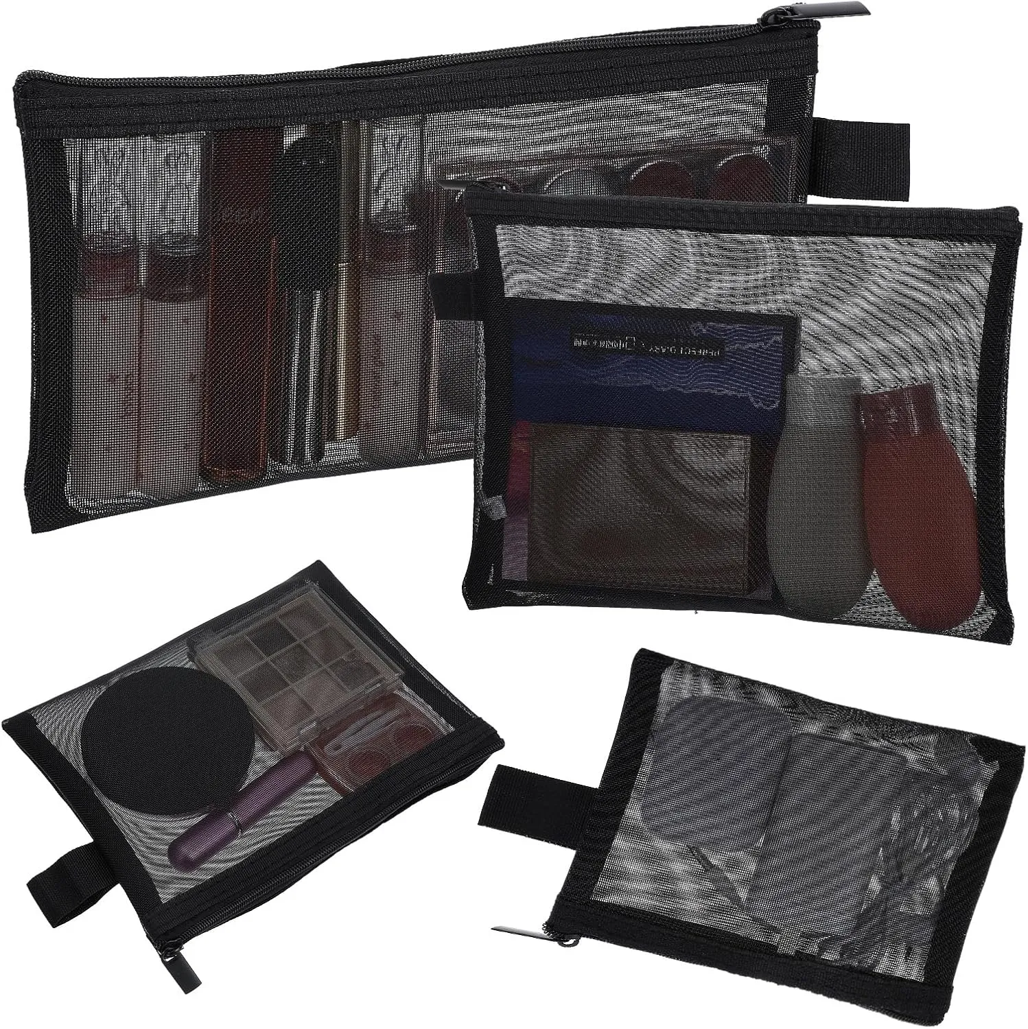 4 PCS Nylon Mesh Zipper Cosmetic Bags Mesh Make up Bag Set Travel Bags for Toiletries Nylon Transparent Cosmetic Bag Transparent Pencil Case Zip Multi Size for Home Office (Black)