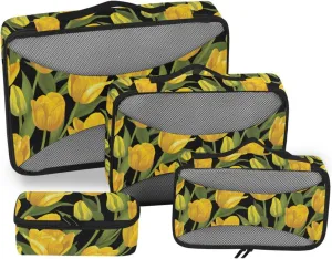 4 Pcs Travel Packing Cubes for Suitcases Vintage Yellow Tulip Flowers Travel Packing Cubes Visible Luggage Cubes Organizers Suitcase Organizer Bags Set