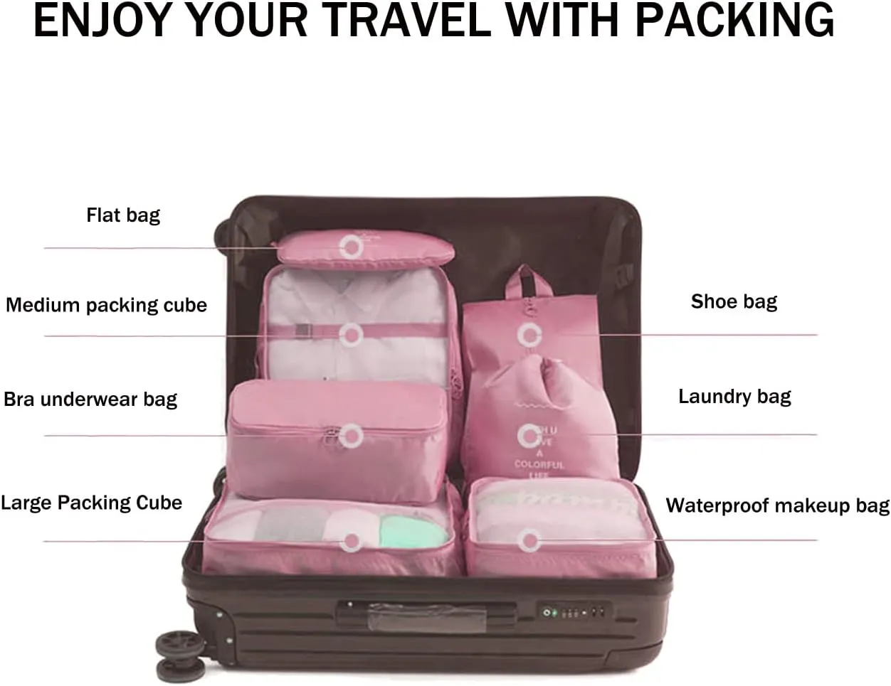 7 Set Packing Cubes for Suitcases,Travel Cubes Packing Luggage Organizers Accessories Bag,Large Lightweight Waterproof Storage Bag,Travel Gear with Toiletries Cosmetic Clothes Shoe Bag (Pink)