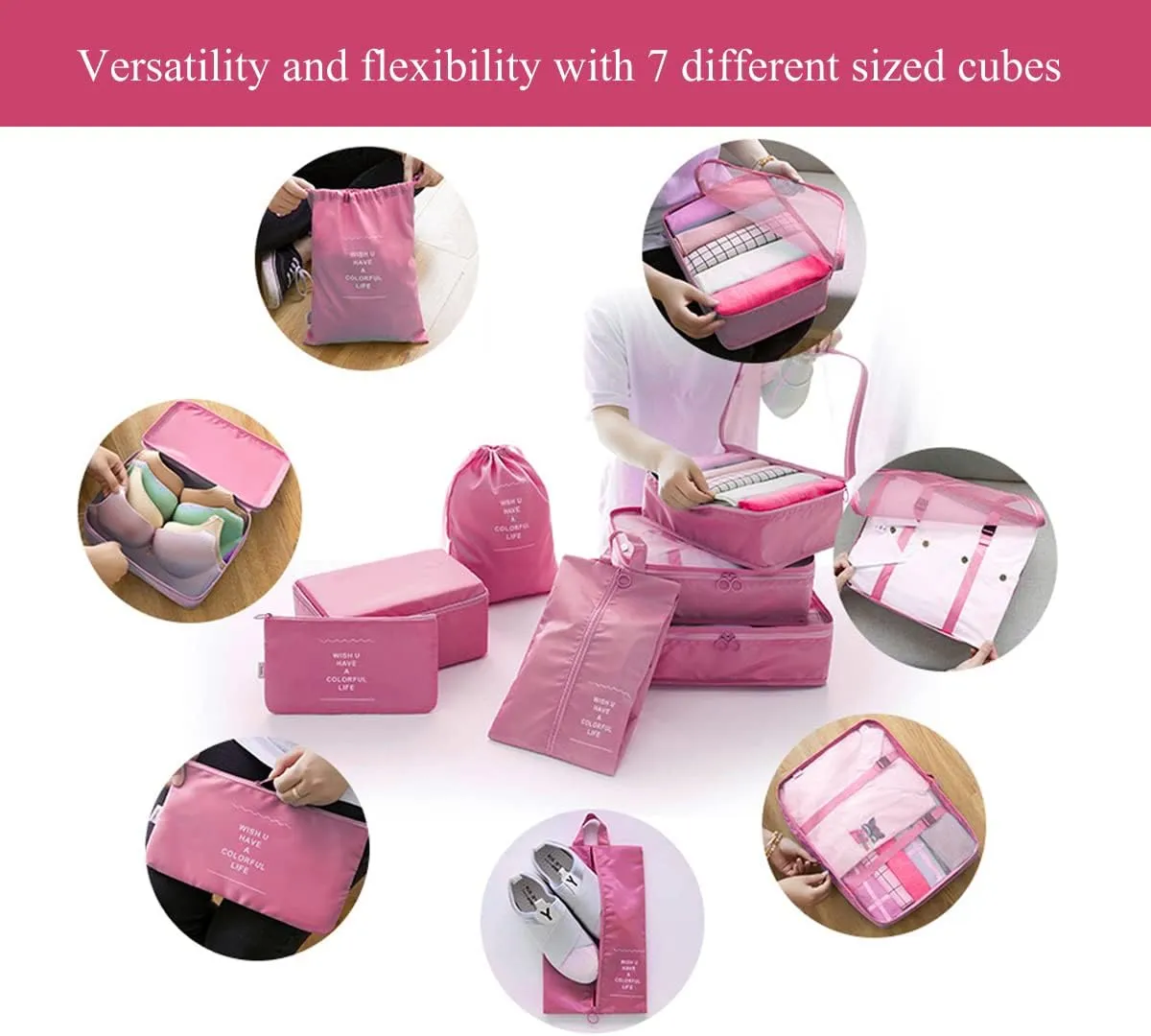7 Set Packing Cubes for Suitcases,Travel Cubes Packing Luggage Organizers Accessories Bag,Large Lightweight Waterproof Storage Bag,Travel Gear with Toiletries Cosmetic Clothes Shoe Bag (Pink)