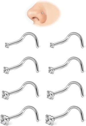 8Pcs Corkscrew Nose Rings Screw Studs Set - 20G Hypoallergenic Surgical Steel, Non Tarnish & Comfort, Diamond-Like Sparkle Cubic Zirconia - Available in 1.5mm/2.0mm/2.5mm/3.0mm