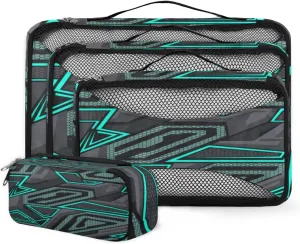 Abstract Geometric Trendy 4 Piece Packing Travel Organizer Cubes Set Mesh Fabric Ventilate Design Lightweight Travel Accessories 4 Sizes (Extra Large, Large, Medium, Small)