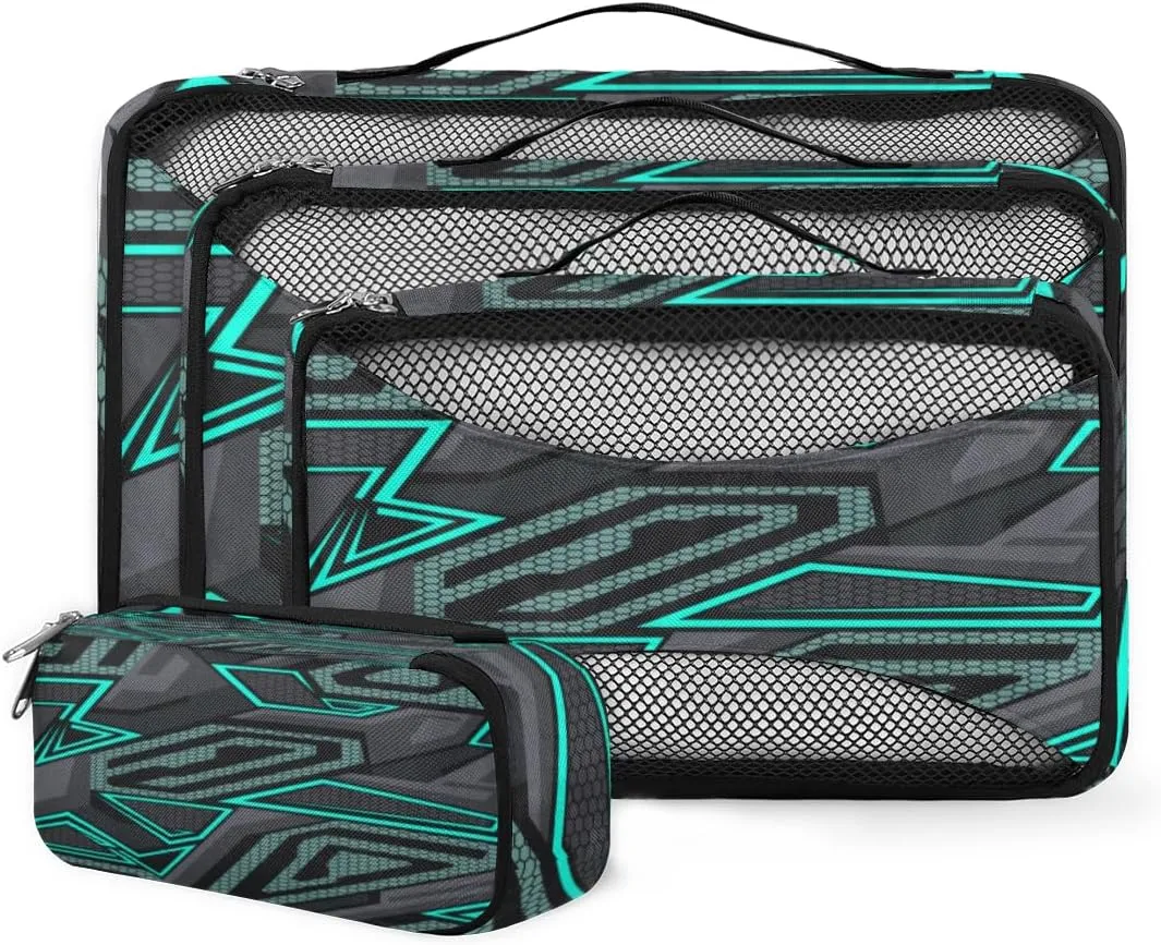 Abstract Geometric Trendy 4 Piece Packing Travel Organizer Cubes Set Mesh Fabric Ventilate Design Lightweight Travel Accessories 4 Sizes (Extra Large, Large, Medium, Small)