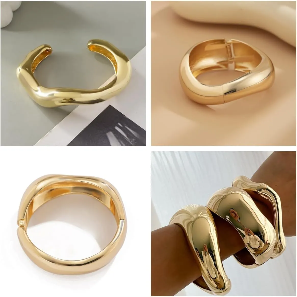 ALEXTINA Chunky Gold Bracelets Set for Women 18K Gold Plated High Shine Bracelets Minimalist Open Wide Cuff Bracelets Gold Cuff Bracelet Trendy Gold Bangle Bracelet