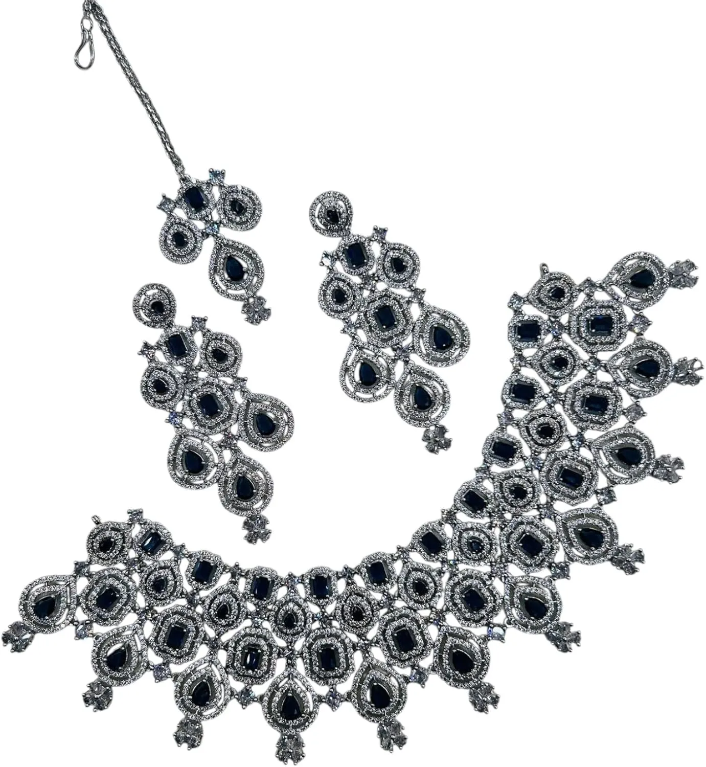 Andywars Fashion CZ choker necklace set with earrings and mangtikka for women | AD premium quality jewelry for wedding, first anniversary, engagement and special occassions | statement american diamond necklace set