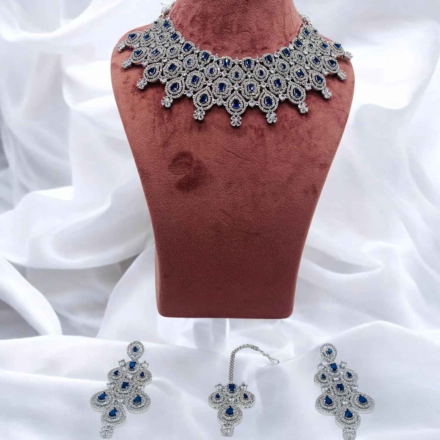 Andywars Fashion CZ choker necklace set with earrings and mangtikka for women | AD premium quality jewelry for wedding, first anniversary, engagement and special occassions | statement american diamond necklace set