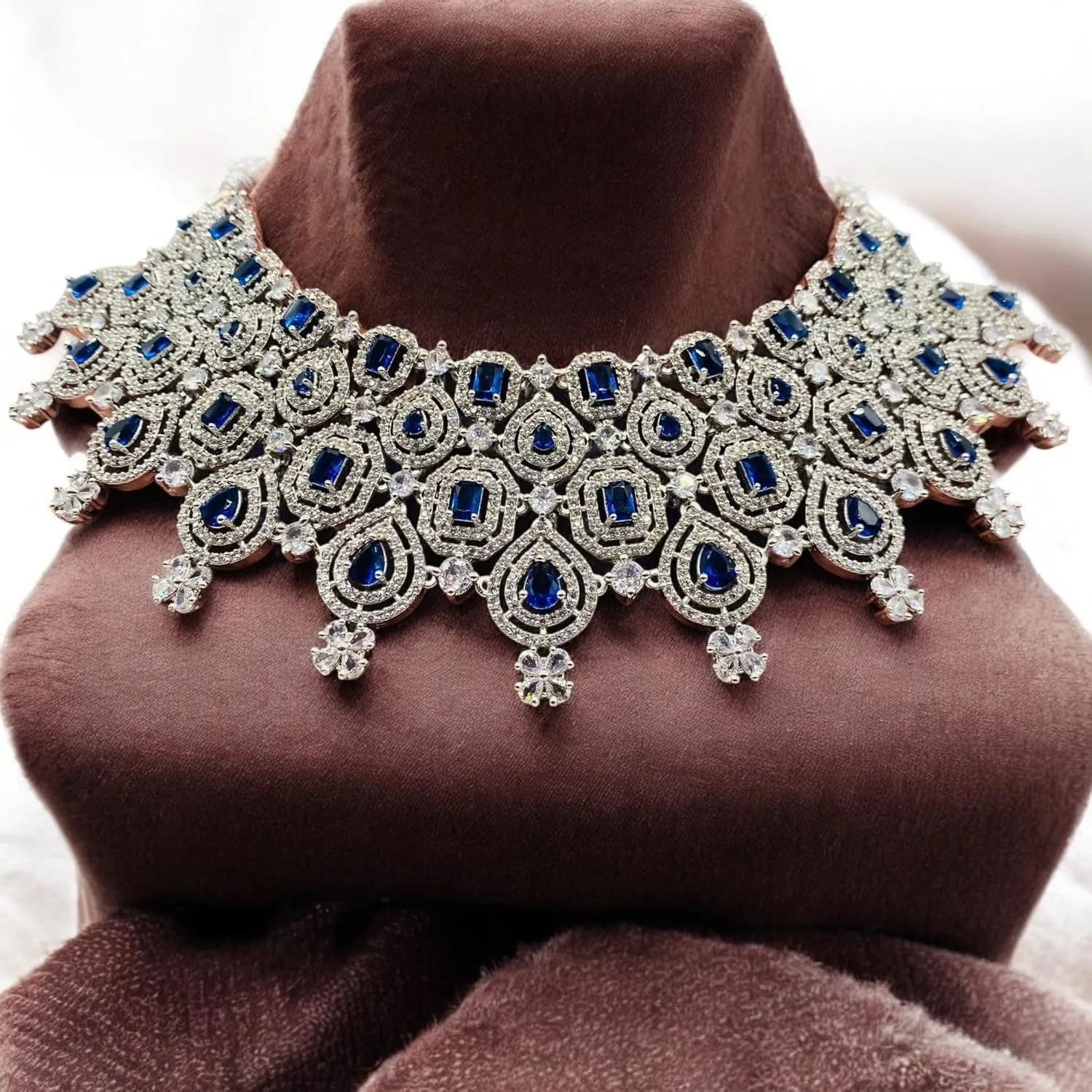 Andywars Fashion CZ choker necklace set with earrings and mangtikka for women | AD premium quality jewelry for wedding, first anniversary, engagement and special occassions | statement american diamond necklace set