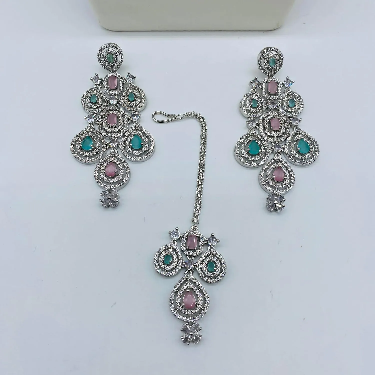 Andywars Fashion CZ choker necklace set with earrings and mangtikka for women | AD premium quality jewelry for wedding, first anniversary, engagement and special occassions | statement american diamond necklace set