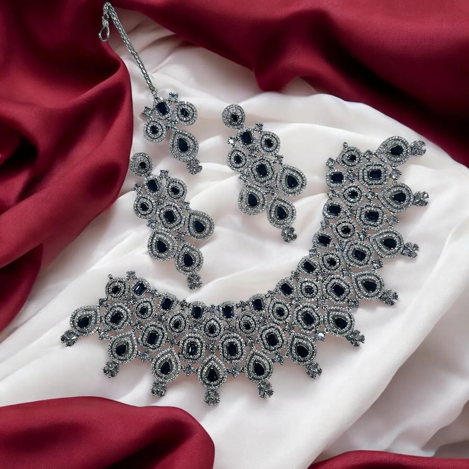 Andywars Fashion CZ choker necklace set with earrings and mangtikka for women | AD premium quality jewelry for wedding, first anniversary, engagement and special occassions | statement american diamond necklace set