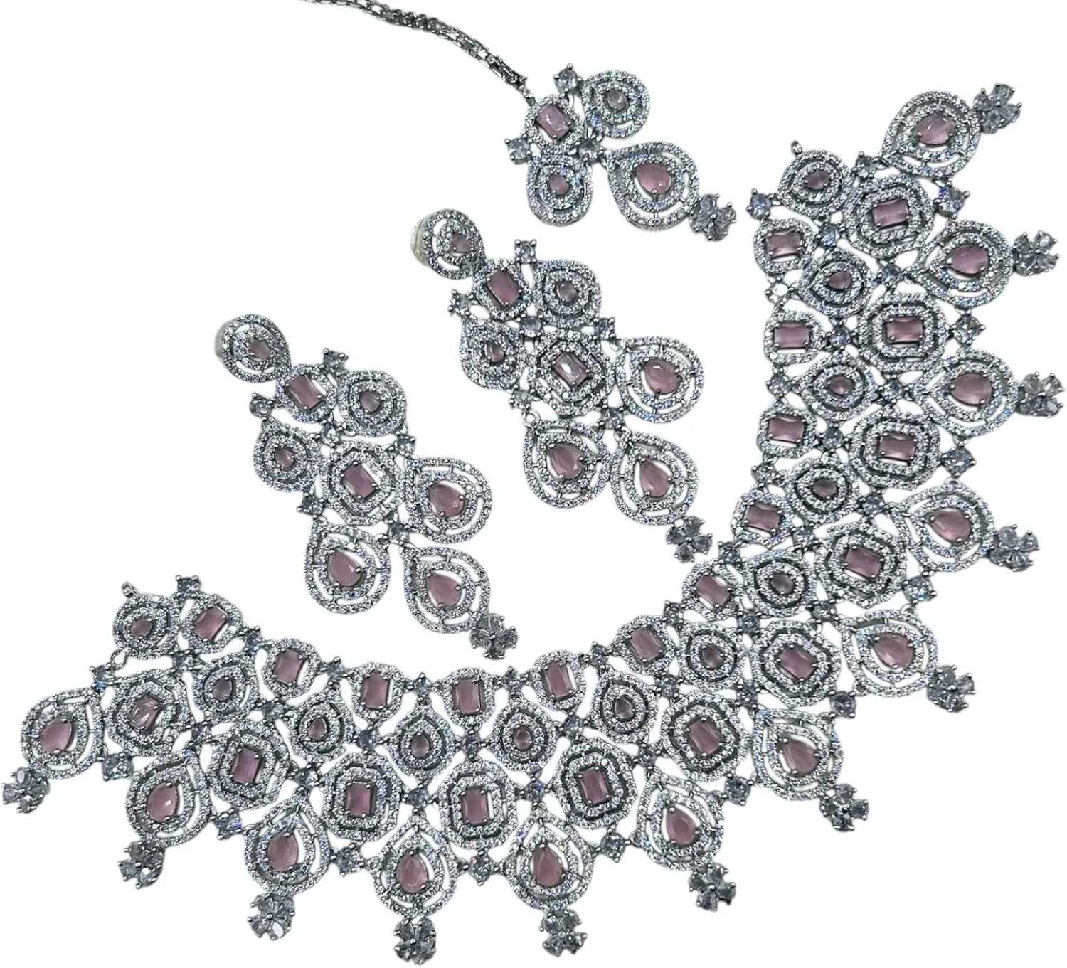 Andywars Fashion CZ choker necklace set with earrings and mangtikka for women | AD premium quality jewelry for wedding, first anniversary, engagement and special occassions | statement american diamond necklace set