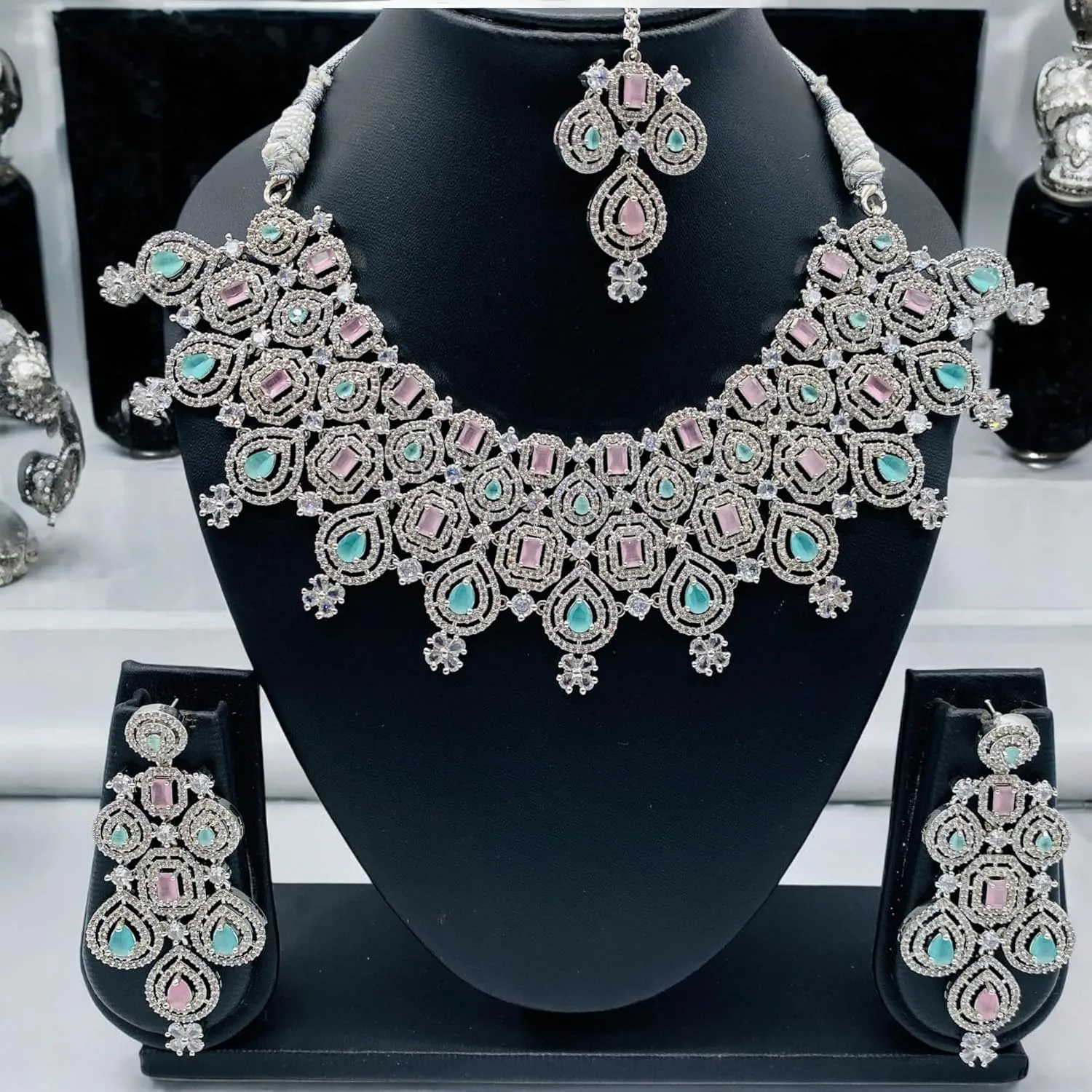 Andywars Fashion CZ choker necklace set with earrings and mangtikka for women | AD premium quality jewelry for wedding, first anniversary, engagement and special occassions | statement american diamond necklace set