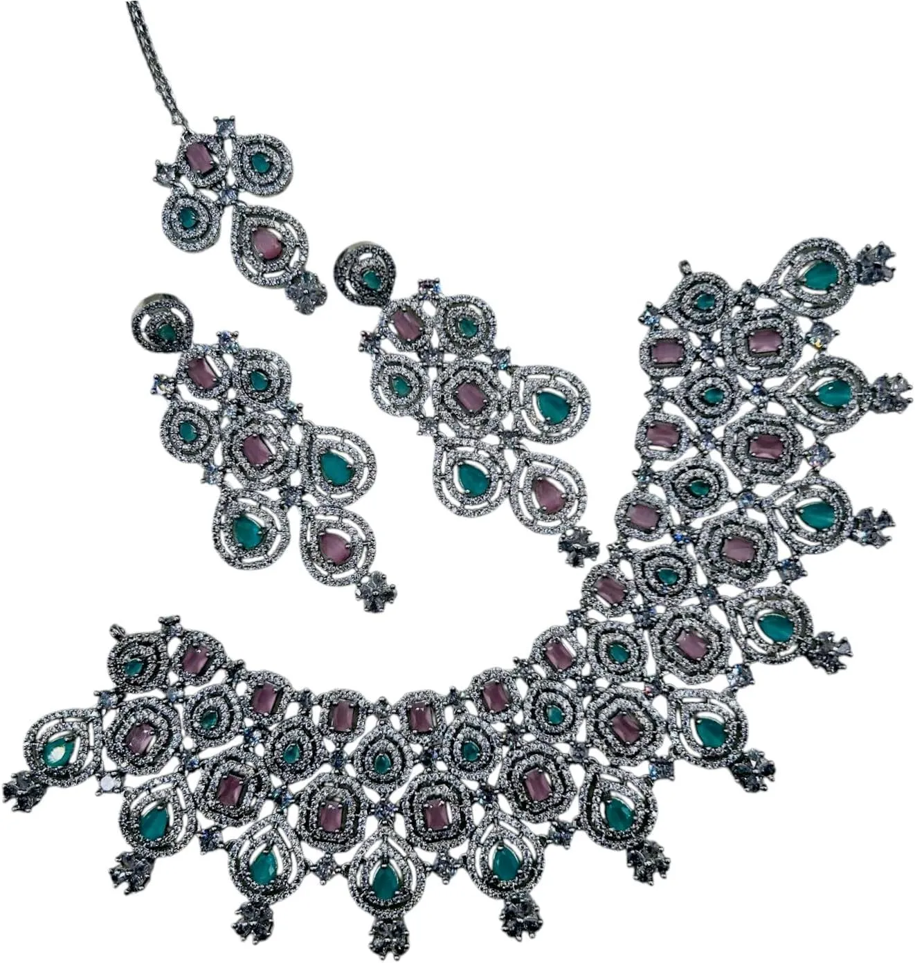 Andywars Fashion CZ choker necklace set with earrings and mangtikka for women | AD premium quality jewelry for wedding, first anniversary, engagement and special occassions | statement american diamond necklace set