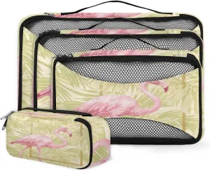 Animal Flamingos 4 Piece Packing Travel Organizer Cubes Set Mesh Fabric Ventilate Design Lightweight Travel Accessories 4 Sizes (Extra Large, Large, Medium, Small)