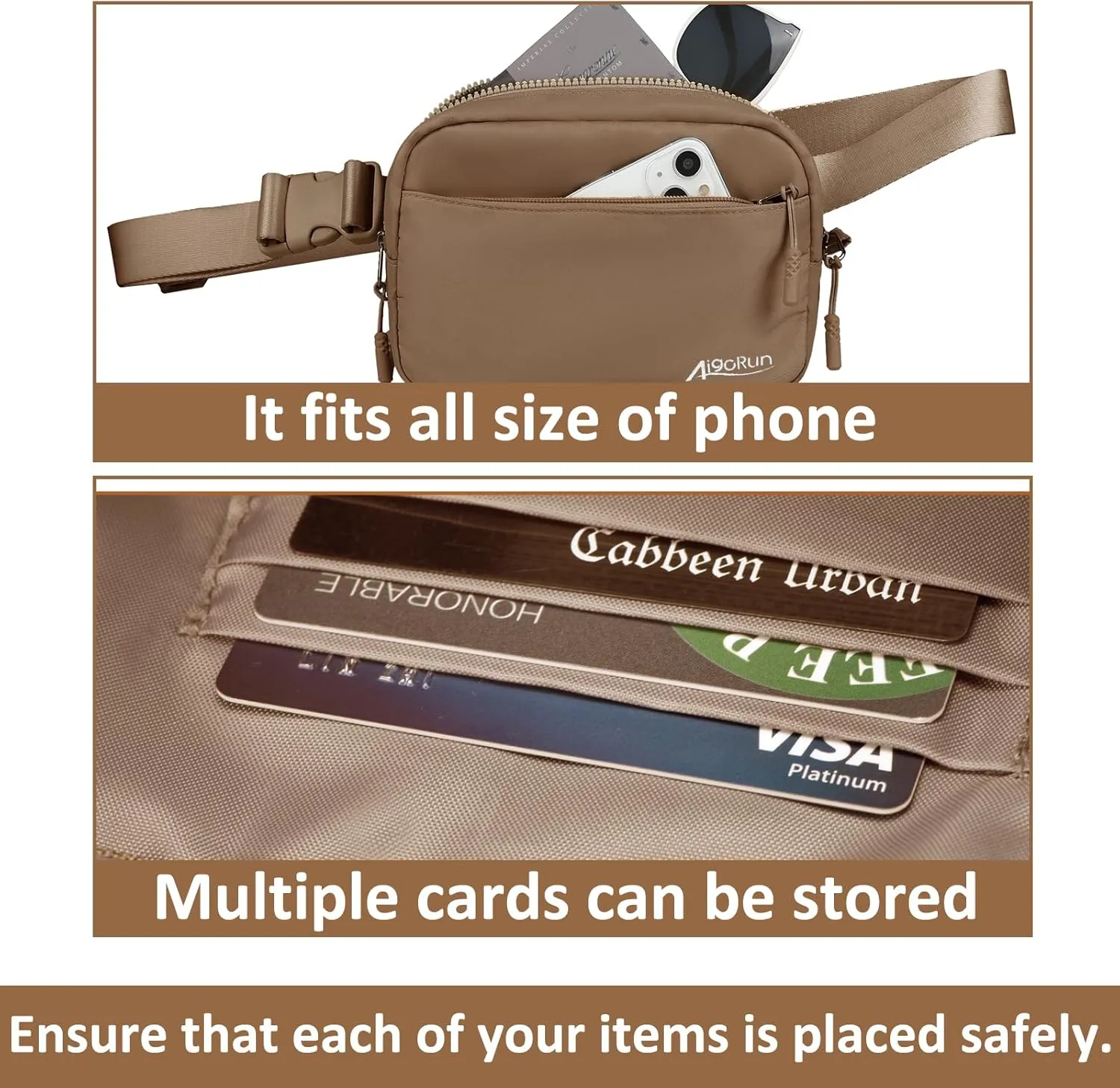 Belt Bag for Women Crossbody Fanny Pack Water Resistant Waist Bags Adjustable Strap for Outdoor Running Travel Workout Brown