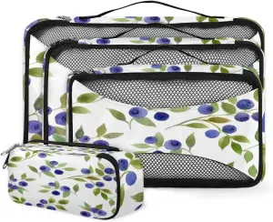 Berries 4 Piece Packing Travel Organizer Cubes Set Mesh Fabric Ventilate Design Lightweight Travel Accessories 4 Sizes (Extra Large, Large, Medium, Small)