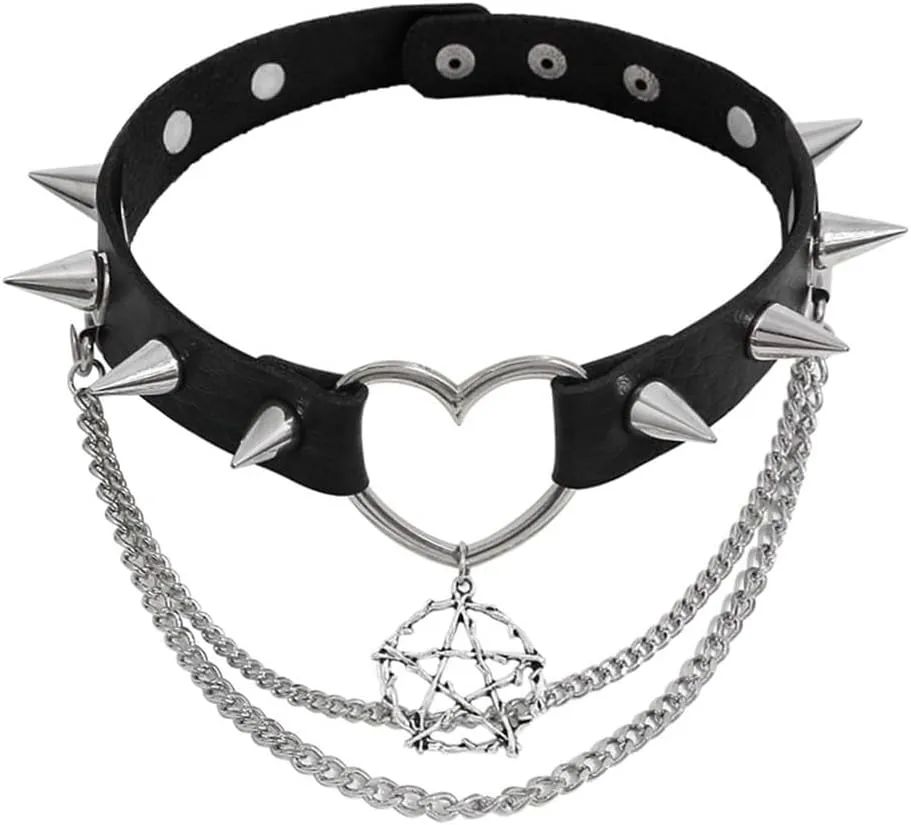 Black Choker PU Leather Spike Collar Necklace for Women,Thorn Heart Charm Choker Necklace,Goth Chain Pendant Rivet Cool Necklace,Statement Punk Jewelry Accessories Gifts