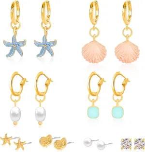 Blue Starfish Pearl Shell Hoop Earrings Set for Women, Enamel Sea Shell Huggie Hoop Earrings for Multiple Piercing Dainty Seashell Starfish Cubic Zirconia Conch Stud Summer Beach Ocean Jewelry Gifts