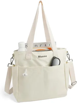 Bluome Tote Bag for Women Canvas Tote Bag With Zipper College Gym Tote Medium Travel Work Bags Hobo Handbag Crossbody