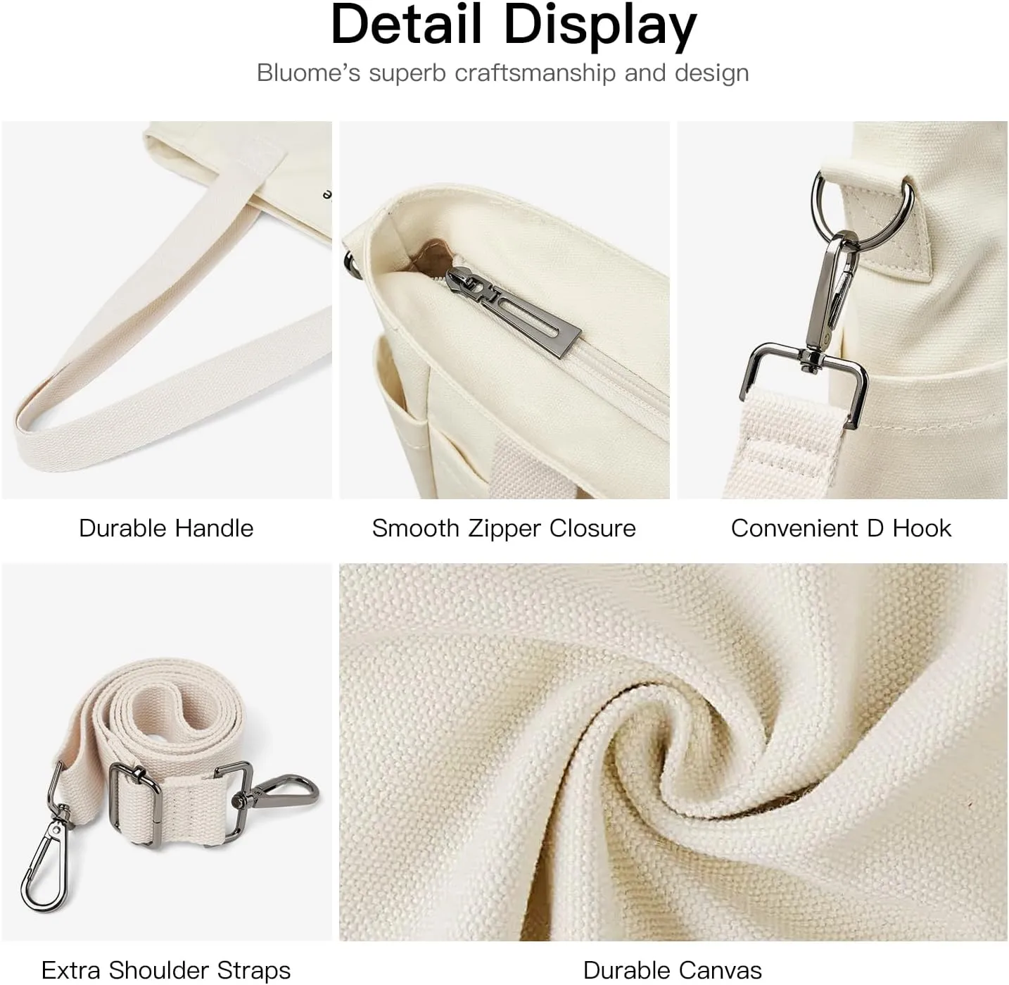 Bluome Tote Bag for Women Canvas Tote Bag With Zipper College Gym Tote Medium Travel Work Bags Hobo Handbag Crossbody