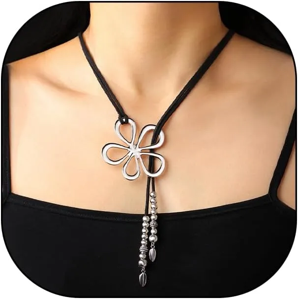 Boho Silver Hollow Flower Choker Necklace for Women Adjustable Suede Leather Rope Pendant Necklace Western Floral Y Necklace Jewelry Accessories