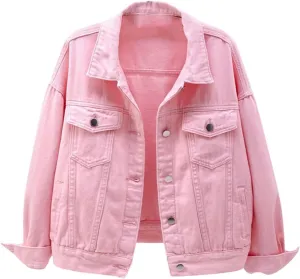Bomber Jackets for Women Solid Button Down Jeans Denim Jackets Plus Size Trendy Casual Oversized Coat with Pockets