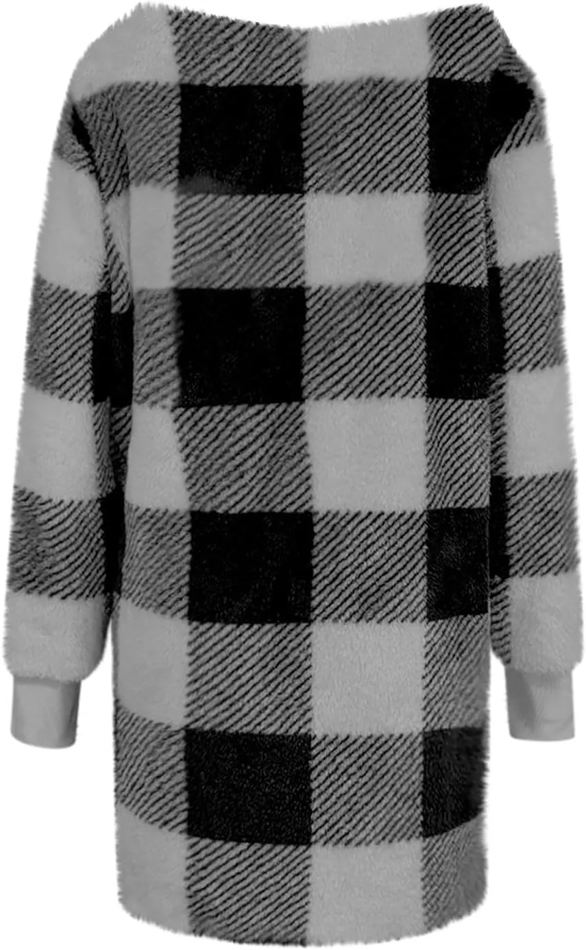 Buffalo Plaid Fleece Cardigan for Women Flannel Open Front Fall Jackets Long Sleeve Fuzzy Plush Warm Winter Coats