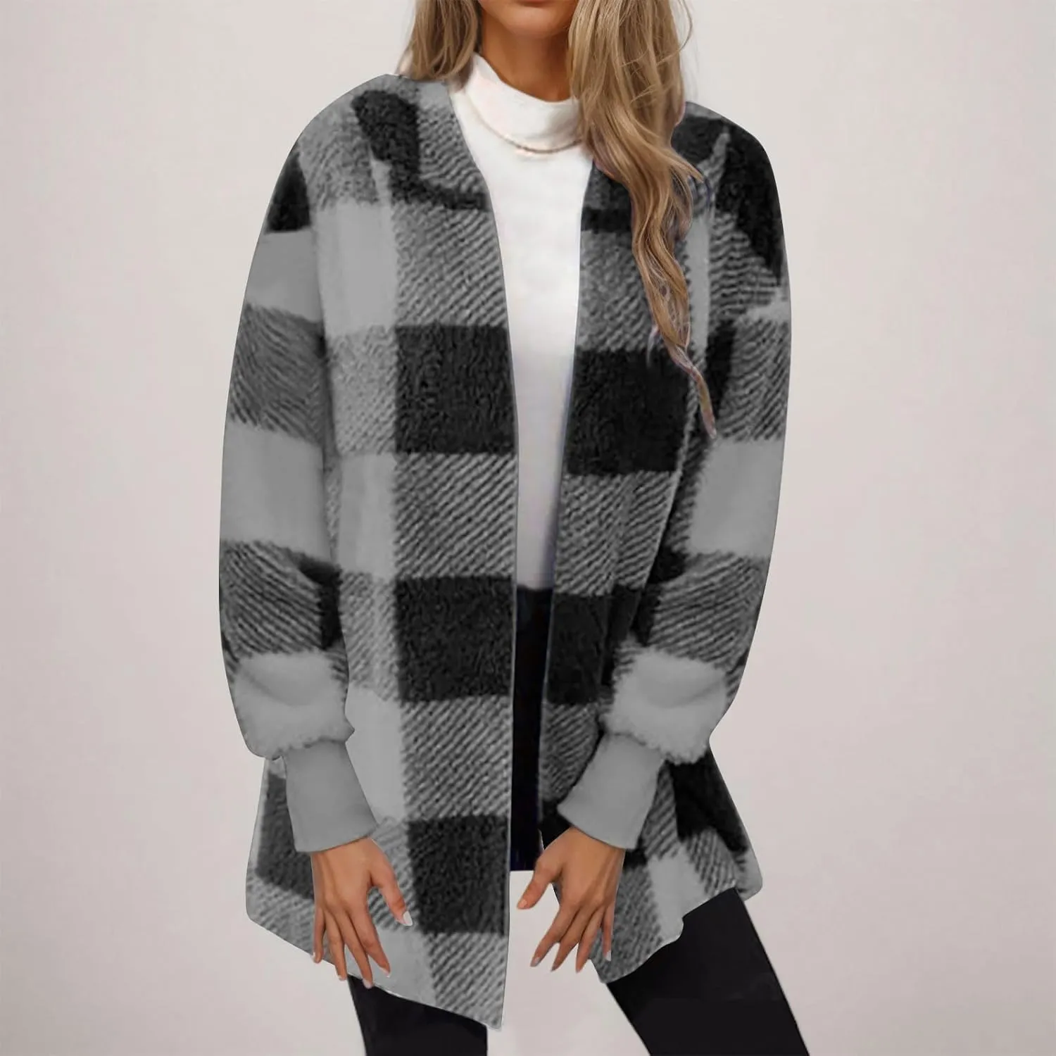 Buffalo Plaid Fleece Cardigan for Women Flannel Open Front Fall Jackets Long Sleeve Fuzzy Plush Warm Winter Coats