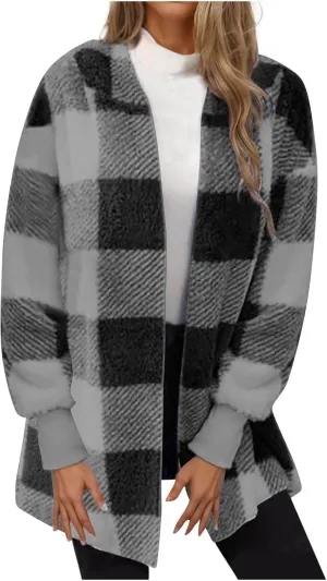 Buffalo Plaid Fleece Cardigan for Women Flannel Open Front Fall Jackets Long Sleeve Fuzzy Plush Warm Winter Coats