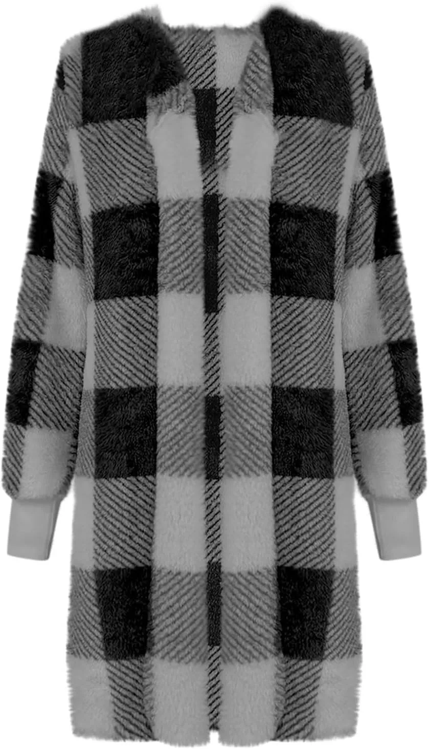Buffalo Plaid Fleece Cardigan for Women Flannel Open Front Fall Jackets Long Sleeve Fuzzy Plush Warm Winter Coats