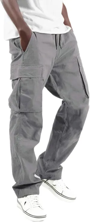 Cargo Work Pant Men Drawstring Waist Casual Pants Fitness Running Workout Sweatpants Baggy Joggers Sweat Pant