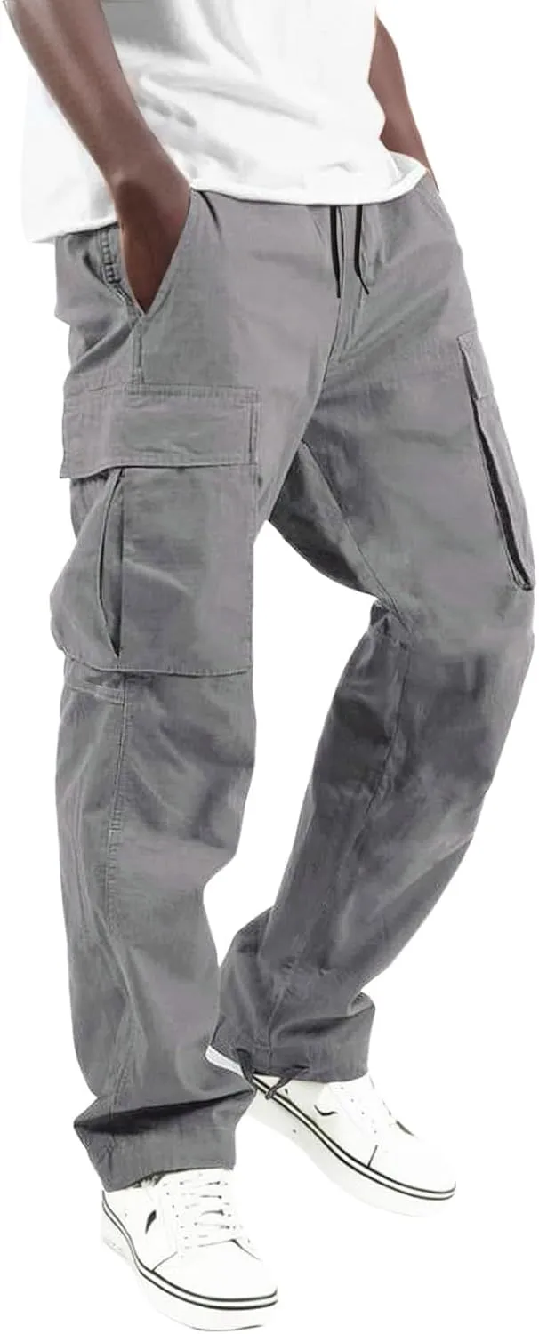 Cargo Work Pant Men Drawstring Waist Casual Pants Fitness Running Workout Sweatpants Baggy Joggers Sweat Pant